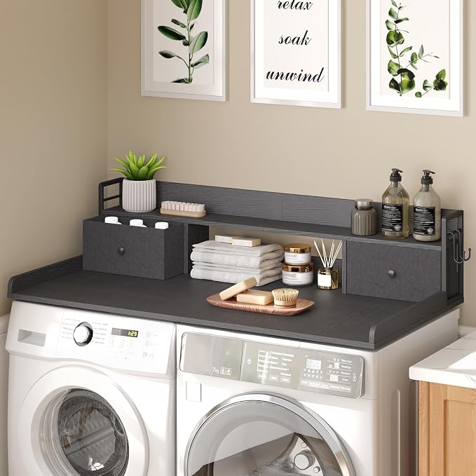 2-Tier Washer Dryer Countertop with 2 Drawers & Shelf, 2 Hooks, 27.7" D x 54" W Laundry Topper, Wooden Washer and Dryer Shelf for Folding Clothes and Storage, Easy to Install, Black