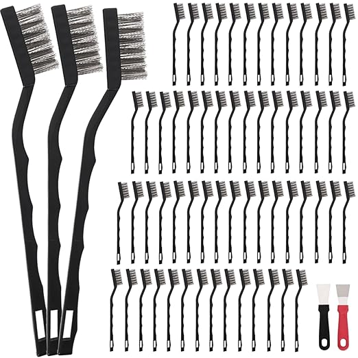 60 PCS Mini Wire Brush Stainless Steel Brush Set，Masonry Brush Wire Bristle for Cleaning Welding Slag and Rust，Curved Handle Brush (Stainless Steel, 60)