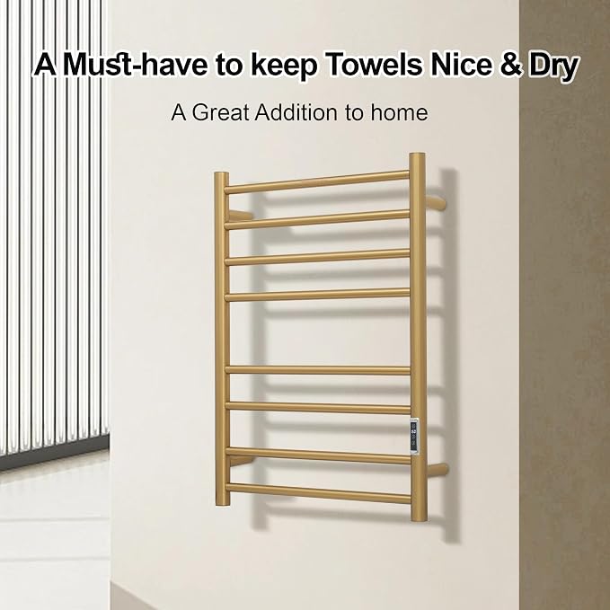 Electric Heated Towel Warmer - Wall Mounted Bathroom Towel Rack, Plug-in Design & Gold Brushed Stainless Steel Finish 8 Bar Gold with Timer & Temperature Control