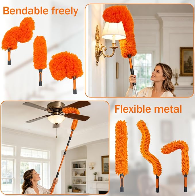 High Ceiling Duster Replacement Heads for Cleaning Fits Standard Threaded Poles, Duster Attachment with Ceiling Fan Cleaner Cobweb Duster Window Squeegee Microfiber Feather Duster Head Swivel Joint