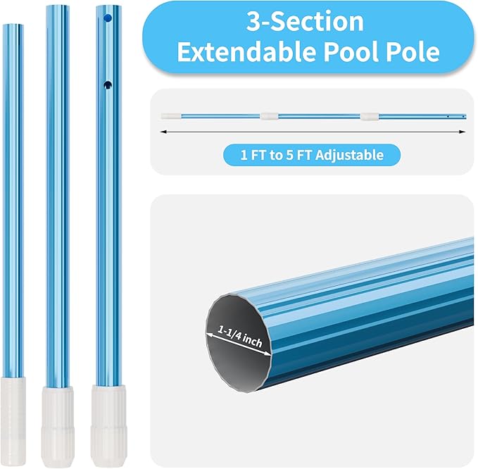 VINGLI 3-in-1 Pool Cleaning Kit, Pools Maintenance Equipment with Pool Net, Pool Brush and 5 FT Telescopic Pole, Pool Maintenance Tools for Inground & Above Ground Swimming Pools