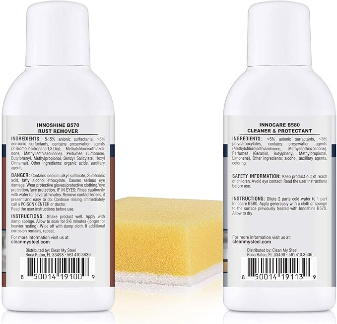 CLEAN MY STEEL Stainless Steel Rust Remover and Protector Kit, NSF Certified, 4 oz, Includes B570 Rust Remover, B580 Cleaner and Protector, Sponge and Gloves
