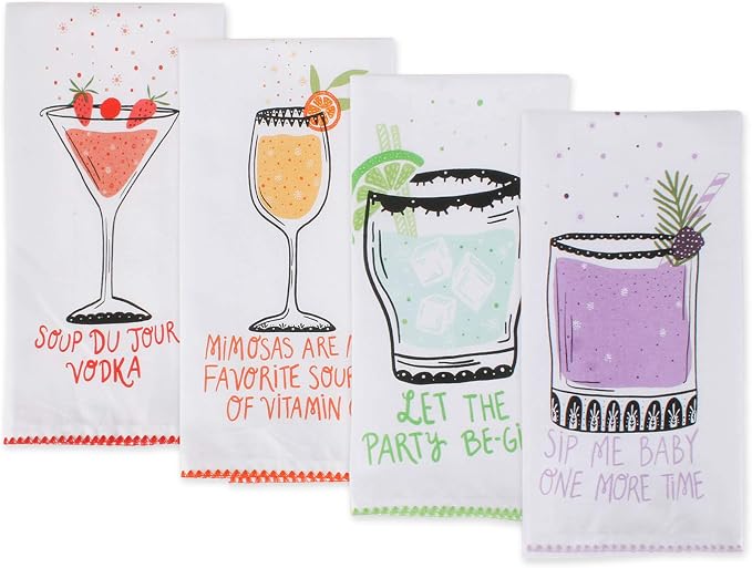 DII Decorative Printed Kitchen Towels Absorbent & Fast-Drying Tea Towel Set, 18x28, Sassy Cocktails, 4 Piece