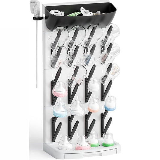 SuoXing Vertical Baby Bottle Drying Rack with Brush- Hold 24 Bottles - Large Breast Pump,Bottle Dryer Rack for Kitchen Countertop,Space Saving Bottle Stand Holder for Pacifiers,Pump Accessories,Black