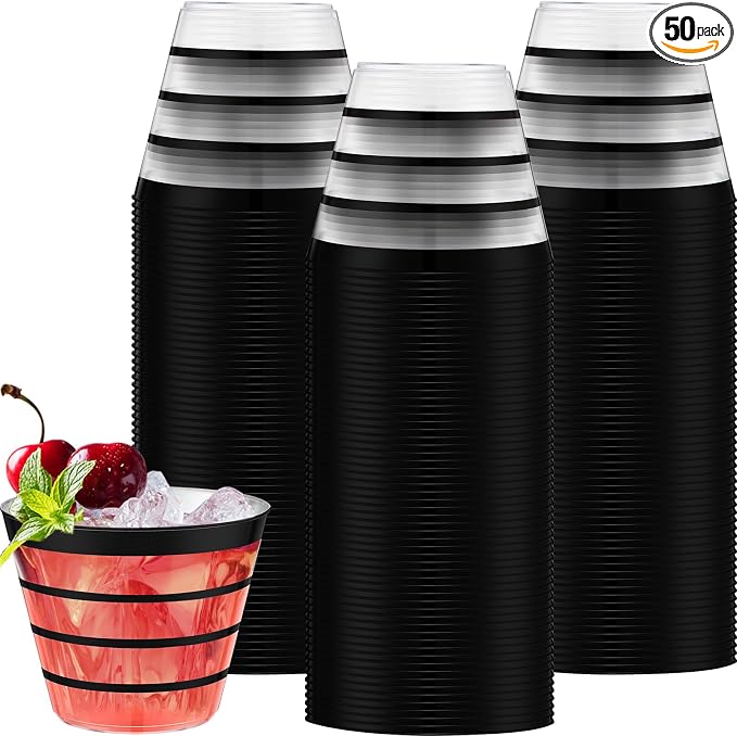 Gejoy 9 oz 50 Pcs Black Rimmed Stripe Plastic Cups Bulk Disposable Wine Hard Plastic Drinking Cocktail Cups Tumblers for Wedding Gathering Party Supplies(Black)