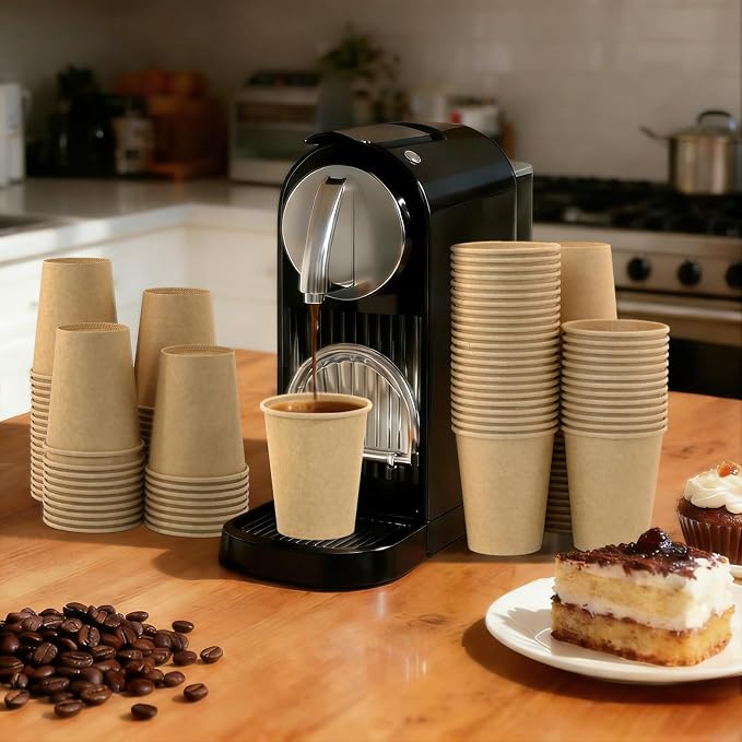 8 oz 100 Pack Disposable Coffee Cups, Bulk Brown Disposable Paper Cups, Coffee Cups for Hot Tea, Chocolate and Cold Drinks