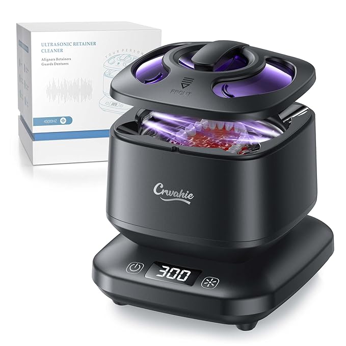 Ultrasonic Retainer Cleaner, Detachable 45kHz Retainer Cleaner Machine 3 Modes Dental Cleaning Pod with Visible Window Digital Timer for Mouth Guard, Dentures, Aligner, Braces, Jewelry - Black
