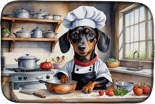 Caroline's Treasures DAC6238DDM Dachshund The Chef Dish Drying Mat Absorbent Dish Drying Mat Pad for Kitchen Counter Dish Drainer Mat for Countertop, 14 x 21", Multicolor