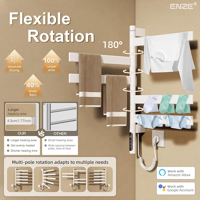 ENZE Smart Rotating Heated Towel Rack for Bathroom, 5-Bar Wall-Mounted Electric Towel Warmer with Swivel Bars, Wi-Fi App Control, 24H Timer, Stainless Steel, IPX5, Hardwired/Plug-in, White