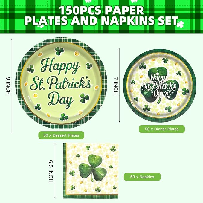 150pcs St. Patrick's Day Party Supplies,Shamrock Paper Plates and Napkins Set for St. Patrick's Day Party Decorations,Serve 50 Guests