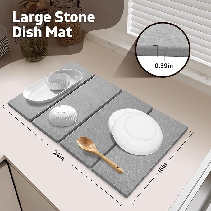 Large Stone Dish Drying Mat for Kitchen Counter, Dish Drying Mat, Fast Water-Absorbing, Diatomaceous Earth Non-Slip Stone Mat, Multi-Purpose Foldable Dish Drying Stone Mat, 24"(L)×16"(W)