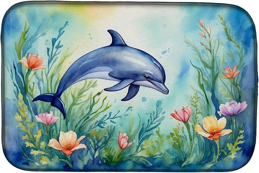 Caroline's Treasures Spring Dolphin Dish Drying Mat Absorbent Dish Drying Mat Pad for Kitchen Counter Dish Drainer Mat for Countertop, 14 x 21", Multicolor