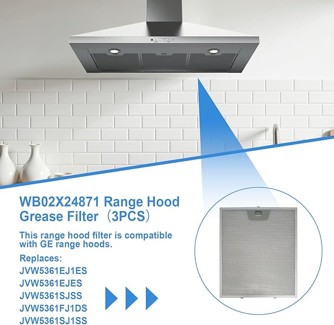 3PCS WB02X24871 Range Hood Grease Filter Compatible with GE Range Hood Models JVW5361EJ1ES JVW5361EJ2ES JVW5361SJSS JVW5361BJ1TS 11-13/16 x 10 Inches