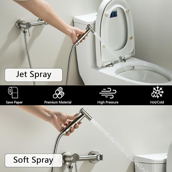 Warm Water Bidet Sprayer for Toilet with Hot and Cold Mixing Valve, Stainless Steel Wall Mount Round Handheld Bidet Attachment Set, Brush Nickel