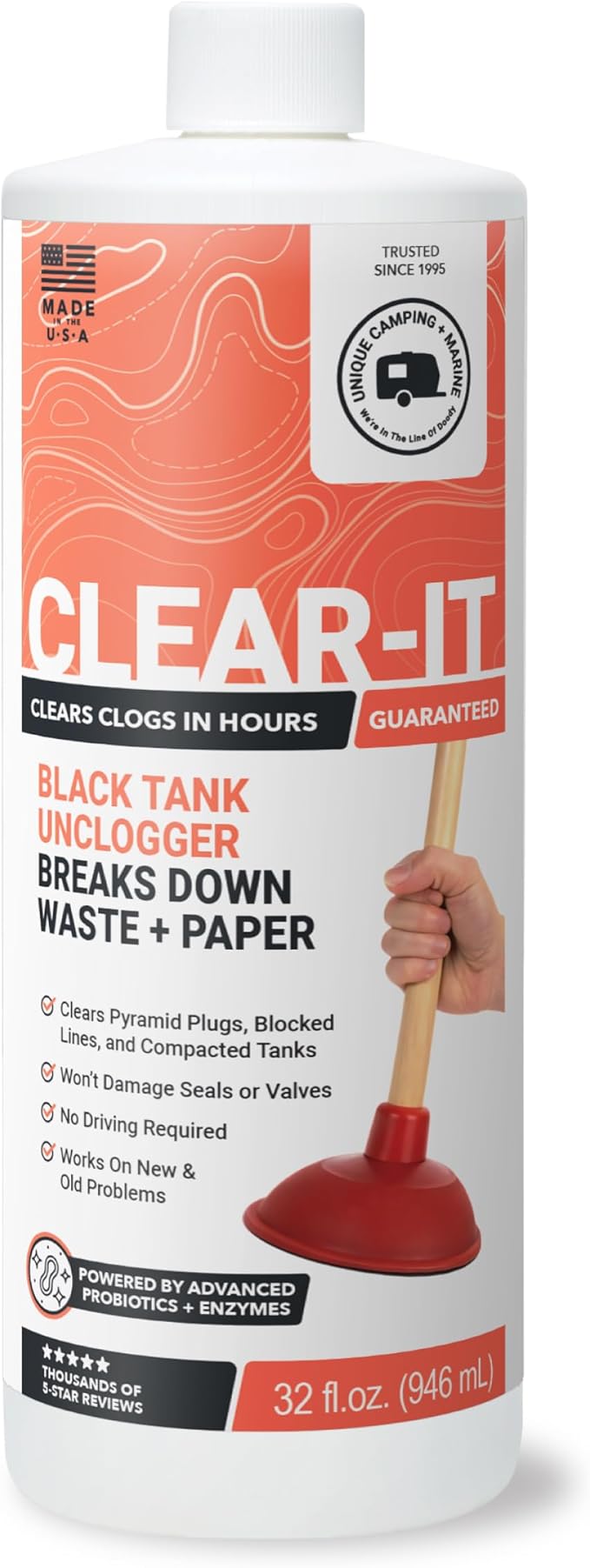 Unique Clear-It RV Black Tank Unclogger Liquid – Breaks Through Pyramid Plugs, Compacted Tanks & Clogged Pipes Without Messy Tools (32 oz) Amazon-Exclusive Packaging