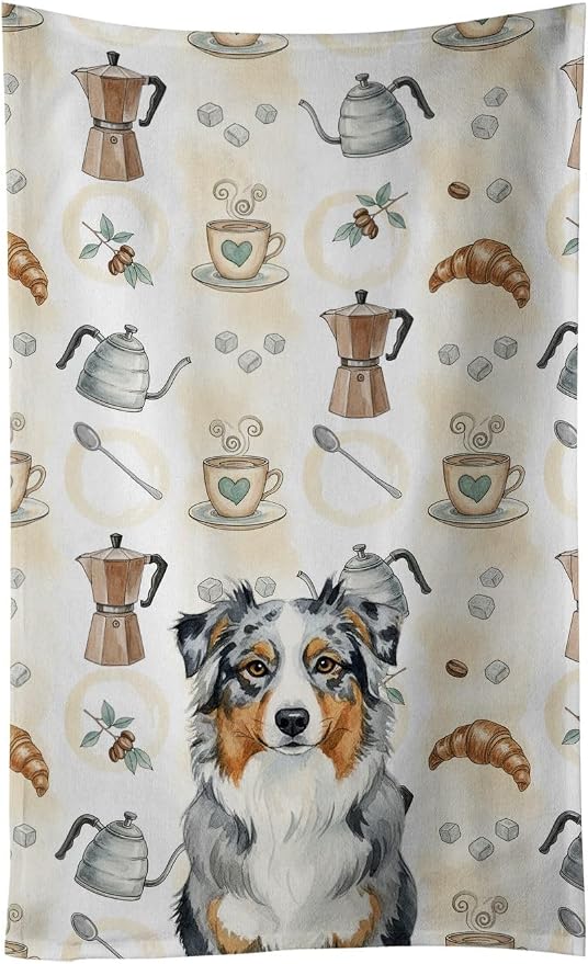 Caroline's Treasures Blue Merle Australian Shepherd Coffee Bar Kitchen Towel Velour Plush Front and Cotton Loop Back Machine Washable