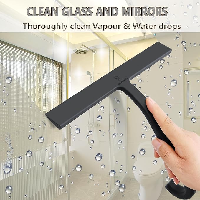 Shower Squeegee for Glass Doors – 10" Silicone Squeegee with Built-in Hook, One-Piece Seamless Design, Streak-Free & No-Scratch Window Cleaner for Bathroom, Mirrors & Tiles Black