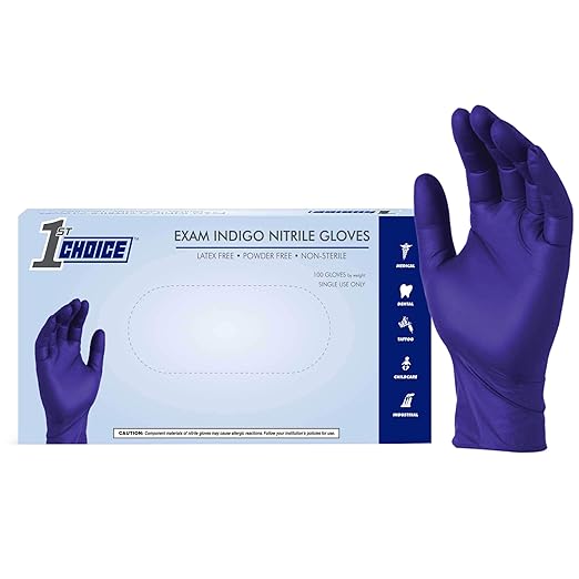 1st Choice Indigo Nitrile Disposable Exam Gloves, 3 Mil, Latex/Powder-Free, Food-Safe, Lightly Textured, Small, Box of 100