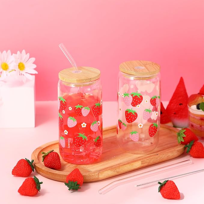 Sliner 2 Pcs Strawberry Glass Cups Summer Drinking Glasses 16 oz Iced Coffee Tumbler with Lid and Straw Summer Gifts Cups Home Office Decorations