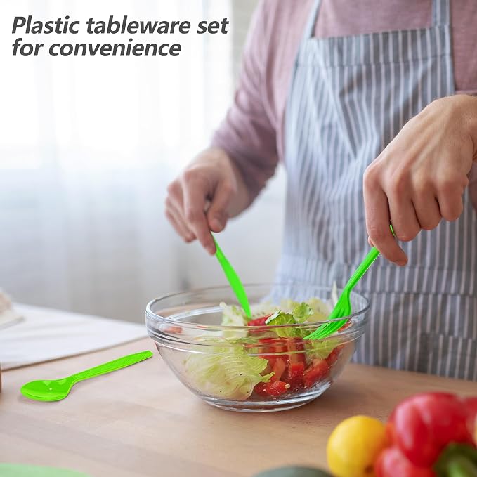 300 Pieces Neon Party Plastic Cutlery Set Colorful Disposable Silverware Sets Included 100 Neon Party Forks 100 Spoons & 100 Knives for Neon Party Favors Birthday Party Supplies, 4 Colors