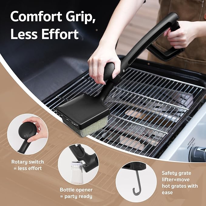GASPRO Grill Brush Bristle Free for Outdoor Grill, BBQ Grill Cleaning Brush with Replaceable Scrub Sponge Head & Scraper, Ergonomic Handle, Safe for Stainless Steel, Cast Iron & Porcelain Grate