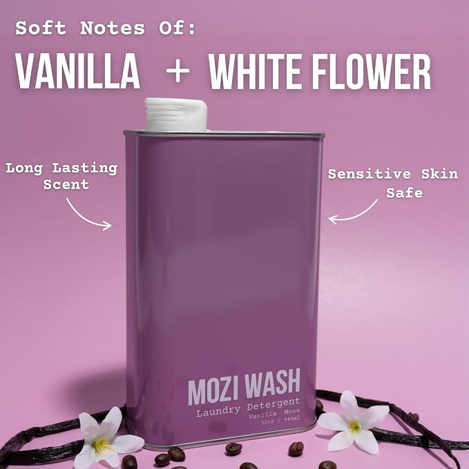 Mozi Wash Laundry Detergent Liquid, Vanilla Moon, 50+ Loads, Concentrated, Plant Based, Cruelty & Dye Free, Phosphate & Paraben Free, Earth Friendly, Long Lasting Fresh Scent, 32 oz Recyclable Bottle