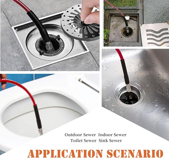Sewer Jetter Kit for Pressure Washer 200FT, 5800PSI Drain Cleaner Hose with 1/4 Inch NPT Corner, Rotating Nozzle and 4 Different Button Nose Sewer Jet Nozzles, Waterproof Tape and 2 Spanners (Red)