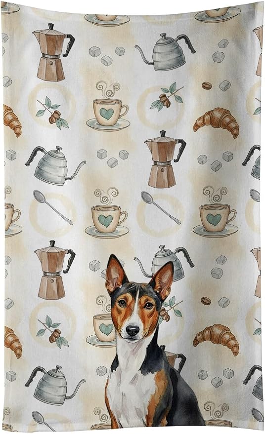 Caroline's Treasures Tricolor and White Basenji Coffee Bar Kitchen Towel Velour Plush Front and Cotton Loop Back Machine Washable