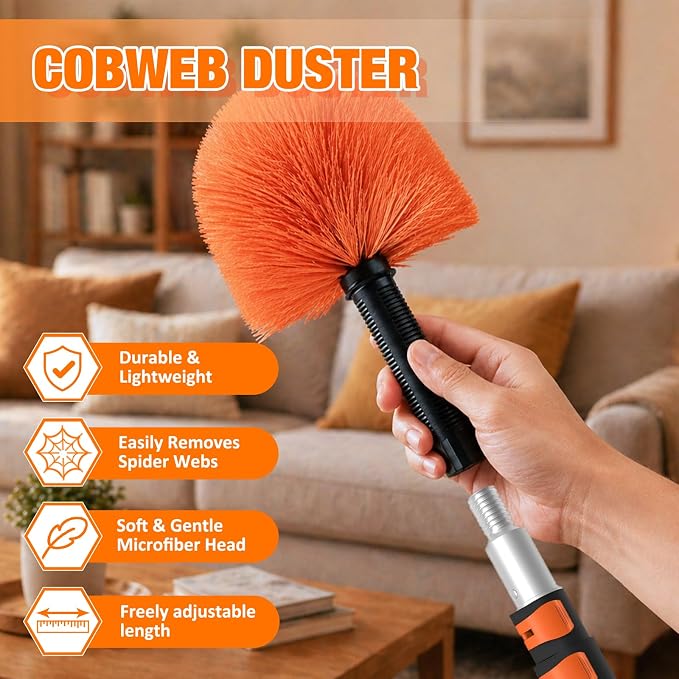 LAANPOLE 24FT Cobweb Duster with Extension Pole, Spider Web Brush for Cleaning Extendable, Professional Ceiling and Corner Dusters for Outdoor Indoor Use
