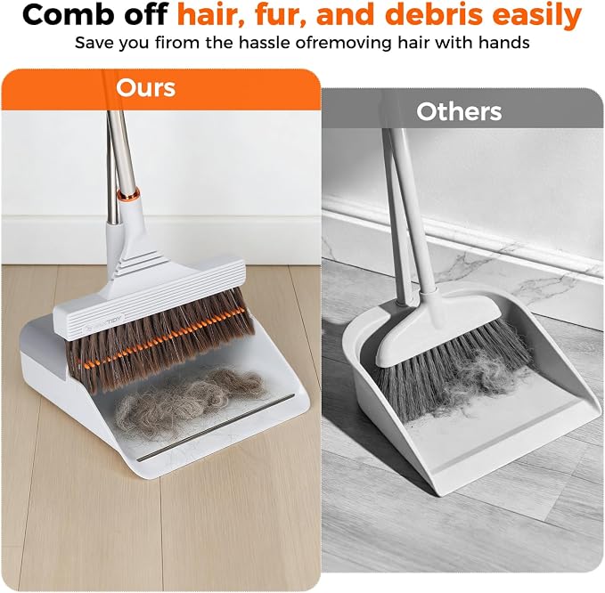 Broom and Dustpan Set with Adjustable Handle, Upright Design, Built-in Comb Teeth, Mint Green, for Home Office Hardwood Floors Pet Hair (Silver/Gray)