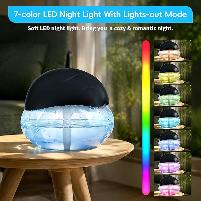 Water Based Air Purifier with Essential Oil Diffuser Pack, Air Washer with 7 Color LED Night Light, Air Revitalizer Includes 6x10ml Essential Oil Aroma Diffuser for Home, Office, Pet