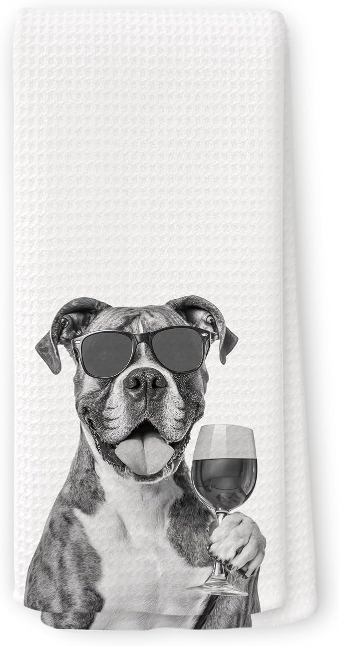 Funny Boxer Wine Kitchen Towels, Gifts for Dog Wine Lovers, Bar Accessories Dish Tea Towels for Kitchen, Dog Owners Housewarming Gift Decorative Hand Towel 16x24 Inch