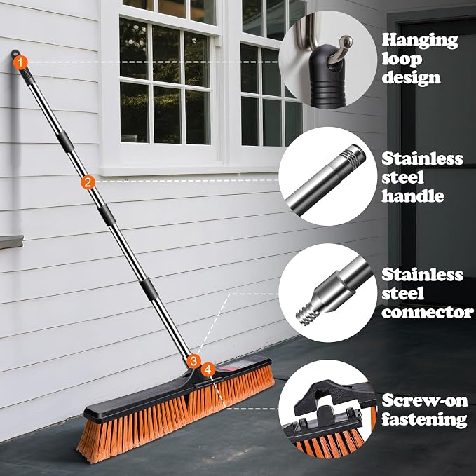 MASTERTOP 24" Heavy Duty Push Broom with Ultra-Sturdy Adjustable Handle, 6-Layer Stiff Bristles Garden Yard Broom, Outdoor Sweeping Brush for Garage, Patio, Driveway, Warehouse, Deck, Tile & Concrete