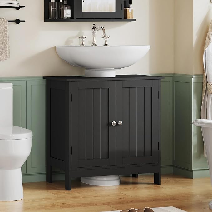 TEENFON Pedestal Sink Storage Cabinet, Under Sink Cabinet with 2 Doors & Shelf, Under Bathroom Sink Cabinet, Pedestal Sink Storage for Bathroom, Black