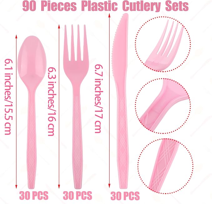 Kochorie 90 Pieces Pink Plastic Cutlery Set Disposable Plastic Utensils Heavy Duty Flatware Set Includes 30 Knives 30 Forks 30 Spoons for Party Wedding Birthday