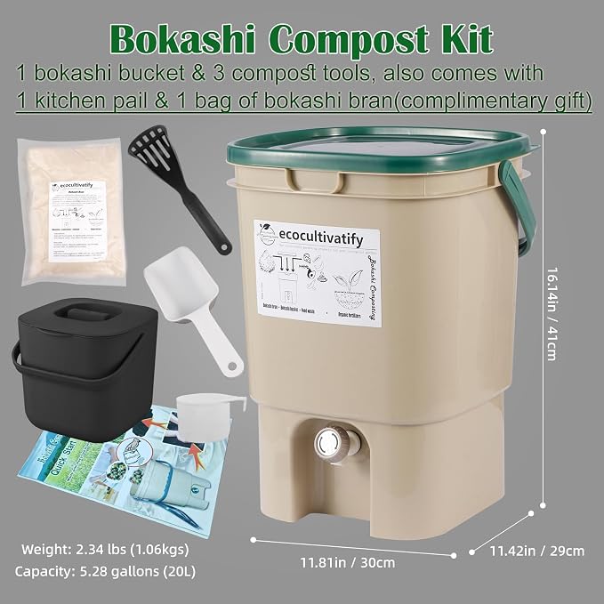 20L Bokashi Compost Bin, 5.28 Gallon Compost Bin for Kitchen Composter with Lid, Bokashi Start Kit with Bran (Tan & Dark Green) (20L/5.28GAL Tan & Dark Green)