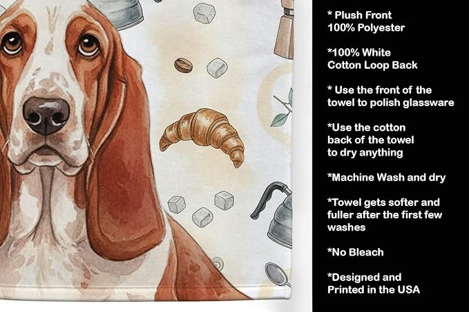 Caroline's Treasures Red and White Basset Hound Coffee Bar Kitchen Towel Velour Plush Front and Cotton Loop Back Machine Washable