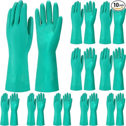 Potchen 10 Pairs Chemical Resistant Gloves Heavy Duty Thick Nitrile Gloves Bulk for Cleaning, Resist Household Acid, Alkali and Oil (Medium)