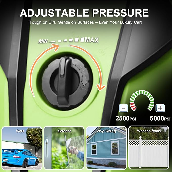 5000 PSI Adjustable Electric Pressure Washer, 2026 New Power Washer Pressure Adjustable (2500PSI-5000PSI) with 23ft Hose and 16.5ft GFCI Cord, 4 Nozzle and Detergent Tank for Cars, Upgraded LGreen