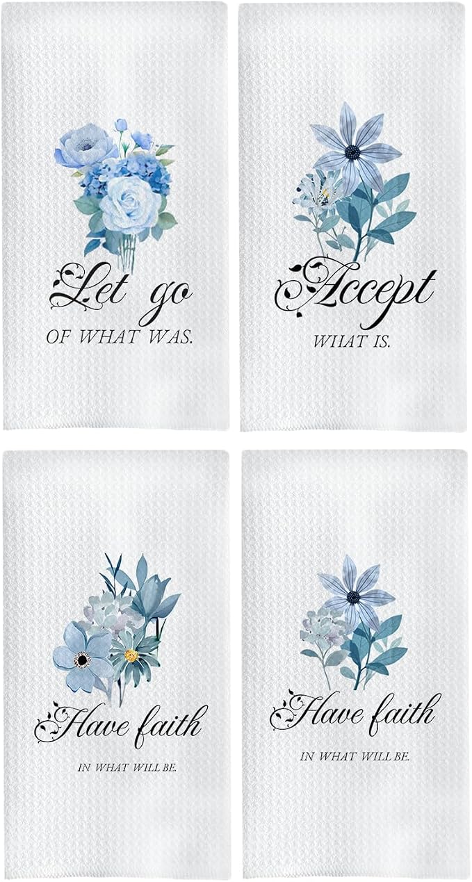 Blue Floral Christian Kitchen Towels, Inspirational Bible Verses Hand Towels for Bathroom Decor, Faith Based Gifts Dish Tea Towels for Kitchen Decor, 16x24 Inch Set of 4