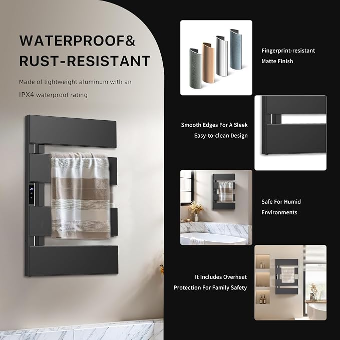 Electric Towel Warmer with Smart LED Timer, Modern [2/3/4] Bar Large Panel Heated Towel Rack, Wall-Mounted Plug-in/Hardwired 2-in-1, Rapid Warmth for Bathrooms, [Matte Black/Alpine White]