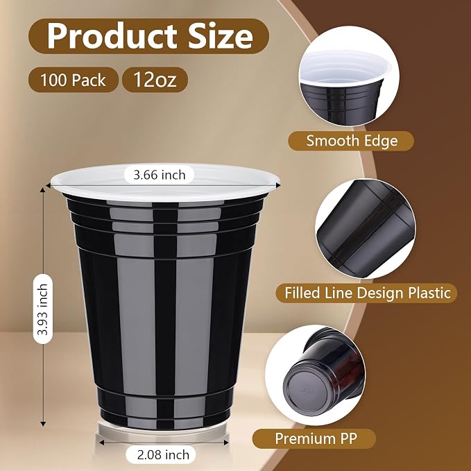 tchrules 100 Pack 12 OZ Black Plastic Cups, Black Disposable Cups for Halloween Party, Graduation Plastic Stackable Drinking Cup for Wedding Birthday Bachelorette Bridal Showers Family Gatherings
