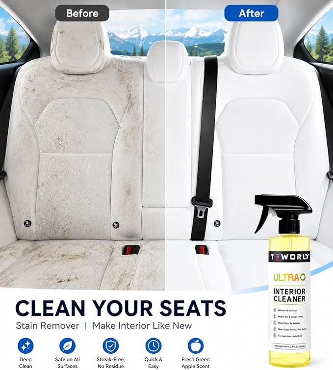 Tesla Seat Cleaner & Stain Remover, Interior Cleaner for White & Black Vegan Leather, Interior Cleaning Kit for Seats, Console, Dash, Model 3, Y, S, X, Cybertruck Accessories (Apple Y)