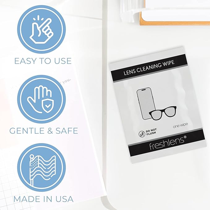 Freshends Lens Cleaning Wipes - 50 Soft & Lint Free Towelettes - Eye Glass Cleaners Individual Packets - Pre-Moistened Lens Wipes For Eyeglasses, Tablets, Camera & Cellphone Screens