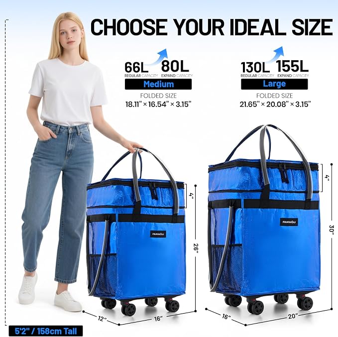 (Medium) Fanwoli Reusable Grocery Bag on Wheels with Upgraded Wrinkle-Resistant Fabric | Enhanced Stability Wheels & Extended Handle | Foldable Shopping Trolley for Laundry, Carries Up to 66 L