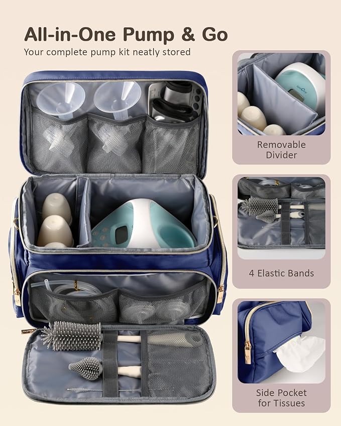Breast Pump Bag Kit for Spectra S1/S2, Pumping Bag with Bottle Brush Set, 10Pcs Flange Inserts for 24mm Flange, Nipple Ruler, Waterproof Mat, Pump Carrying Case for Work Travel, Navy Blue