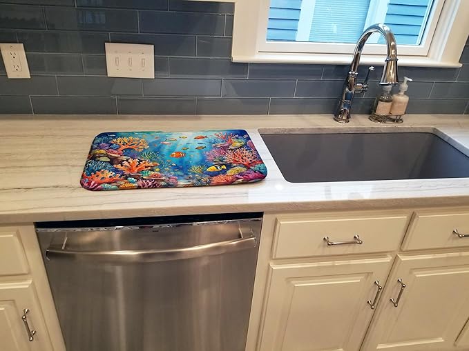 Caroline's Treasures Coral and Fish Dish Drying Mat Absorbent Dish Drying Mat Pad for Kitchen Counter Dish Drainer Mat for Countertop, 14 x 21", Multicolor