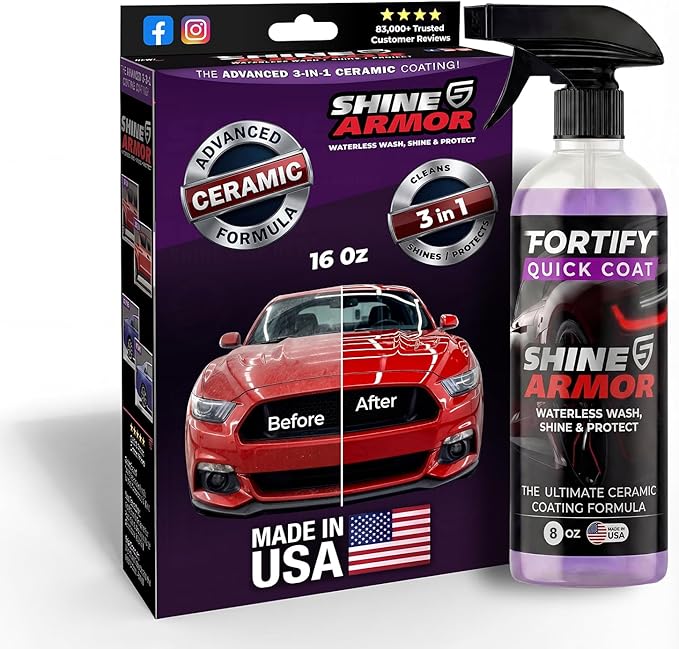 SHINE ARMOR Fortify Quick Coat: 3-in-1 Complete Detailing Spray - Car Wax, Waterless Wash and Ceramic Coating - Paint Protection for Cars, Trucks, Bikes and SUVs, Made in USA, 16floz