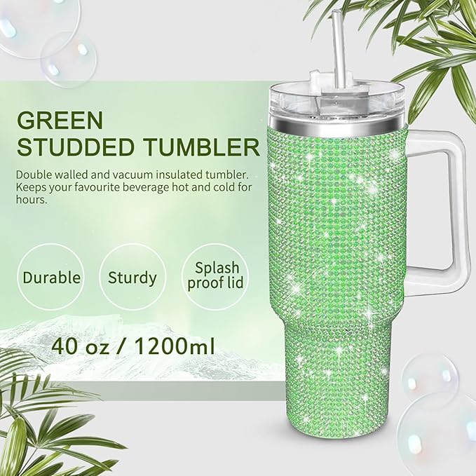 HWISDMIG 40oz Tumbler with Handle-Glitter Rhinestones Tumbler Bling Cups Stainless Steel Water Bottle Diamond Studded Tumbler for Women-Birthday Gifts for Women, Mom, Girlfriend (Green)