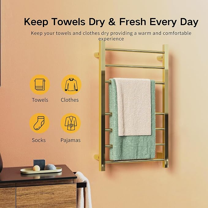 Z&Zhanle Electric Heated Towel Rack, Gold Finish, Wall Mounted Bathroom Warmer with Temperature Control, (Energy Efficient) with 7-Bar & Aluminum Frame for Bathroom